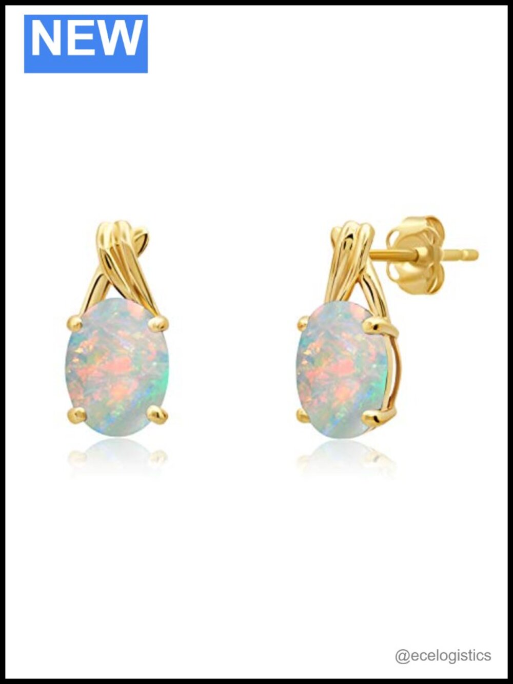 14K Solid Gold Created Opal Oval Drop Stud Earrings 8x6mm